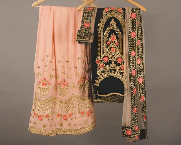 Black-Peach Semi Stitched Sharara With Golden & Pink Embroidery & Embellishments