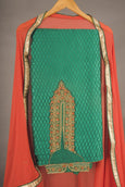 Green And Orange Textured Suit Fabric With Embroidery