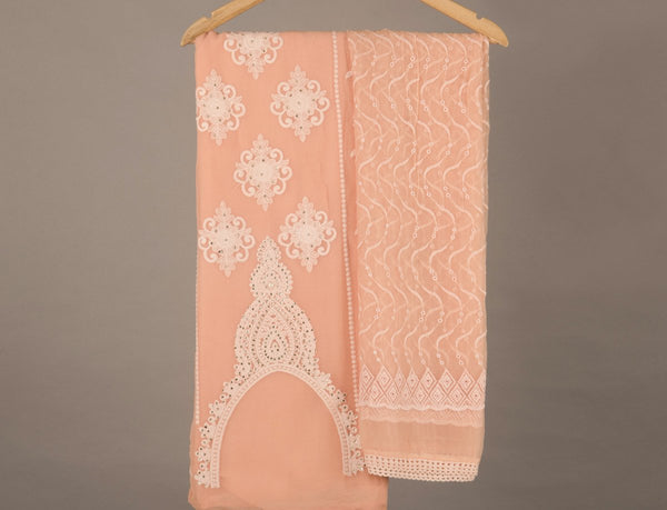 Peach And Cream Colour Embroidered Suit Fabric