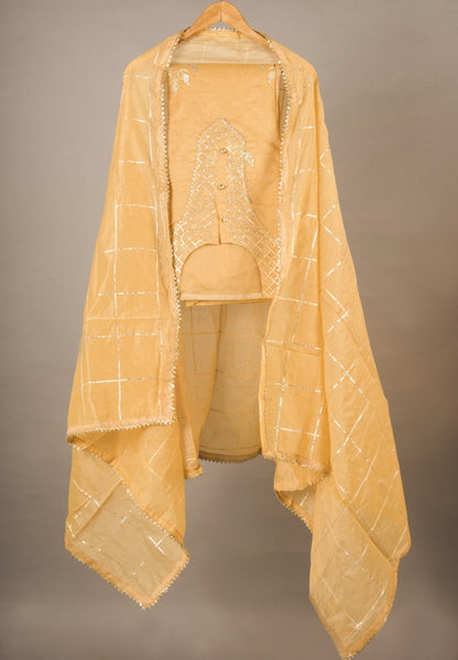 Pastel Yellow Chanderi Semi Stitched Suit Gotta Patti Work