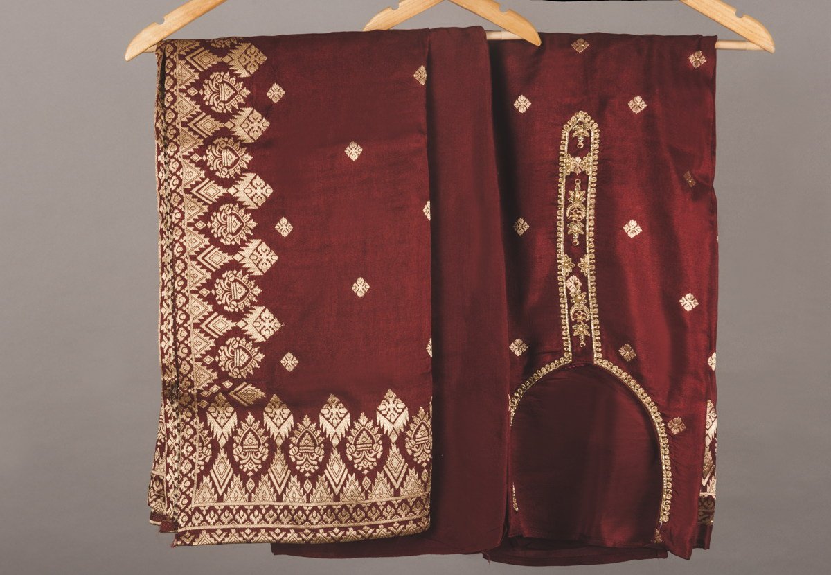 Maroon Bell cuffs Brocade Suit