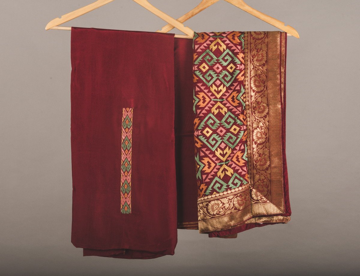 Multi colour phulkari Suit Maroon
