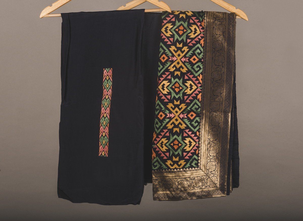 Multi colour phulkari Suit Navy