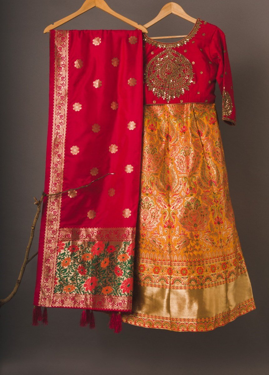 Orange and Magenta Brocade Lehenga