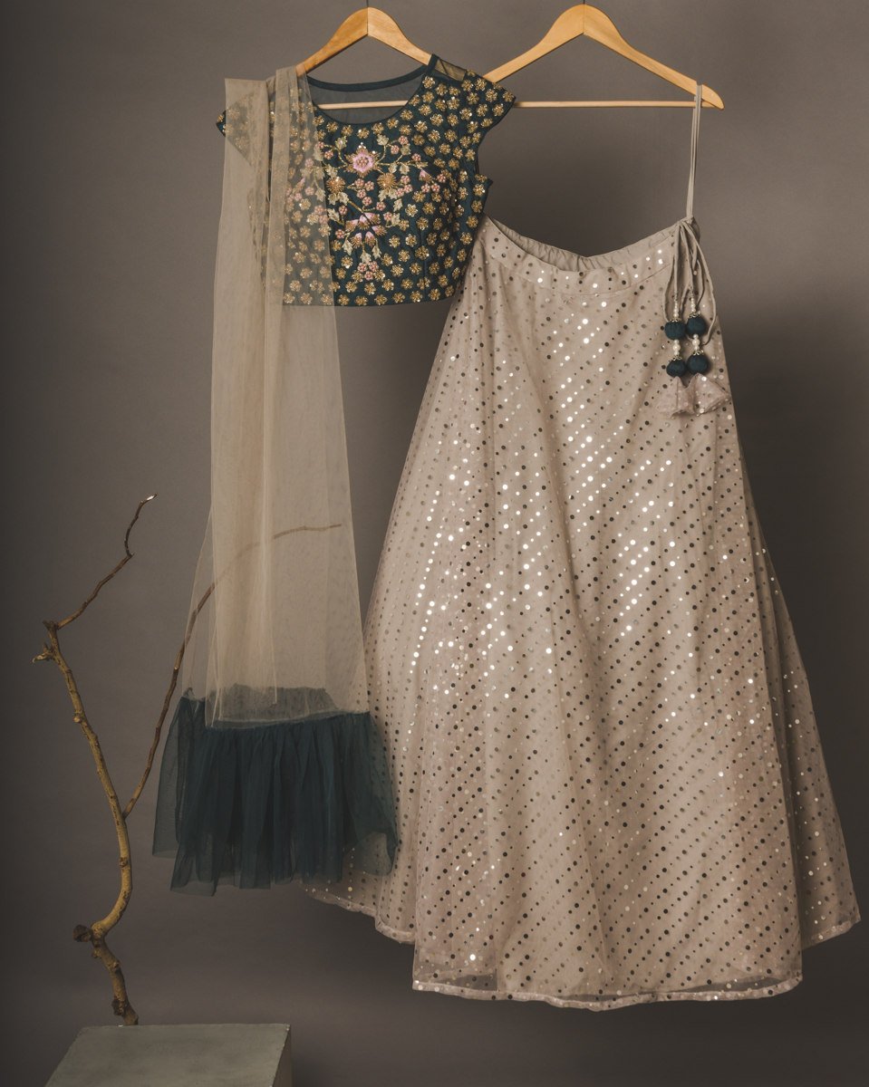 Polka Dot Tulle Lehenga(Grey and Bottle Green)