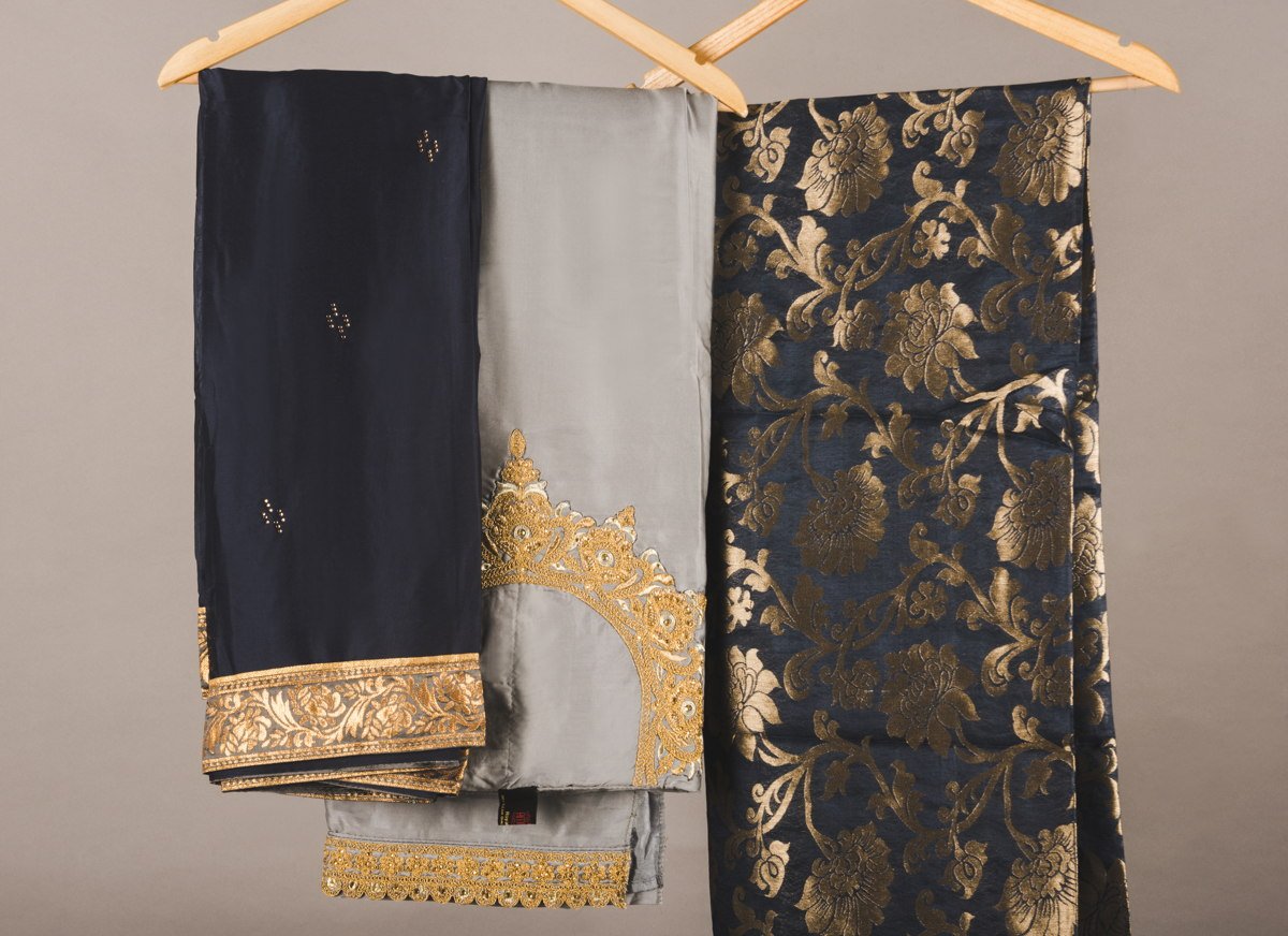 Grey And Navy Blue Banarasi Sharara Fabric