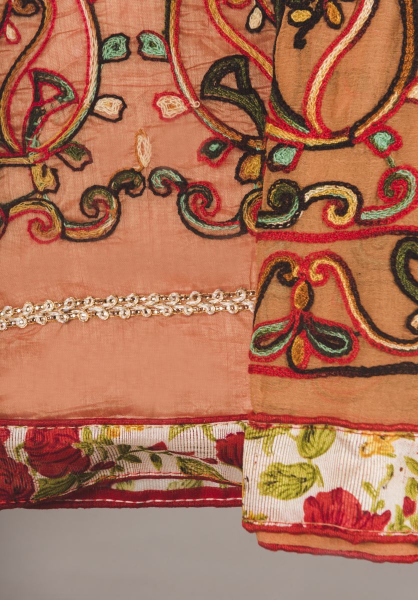 Multi Colored Embroidered Suit Fabric - Peach And Cream